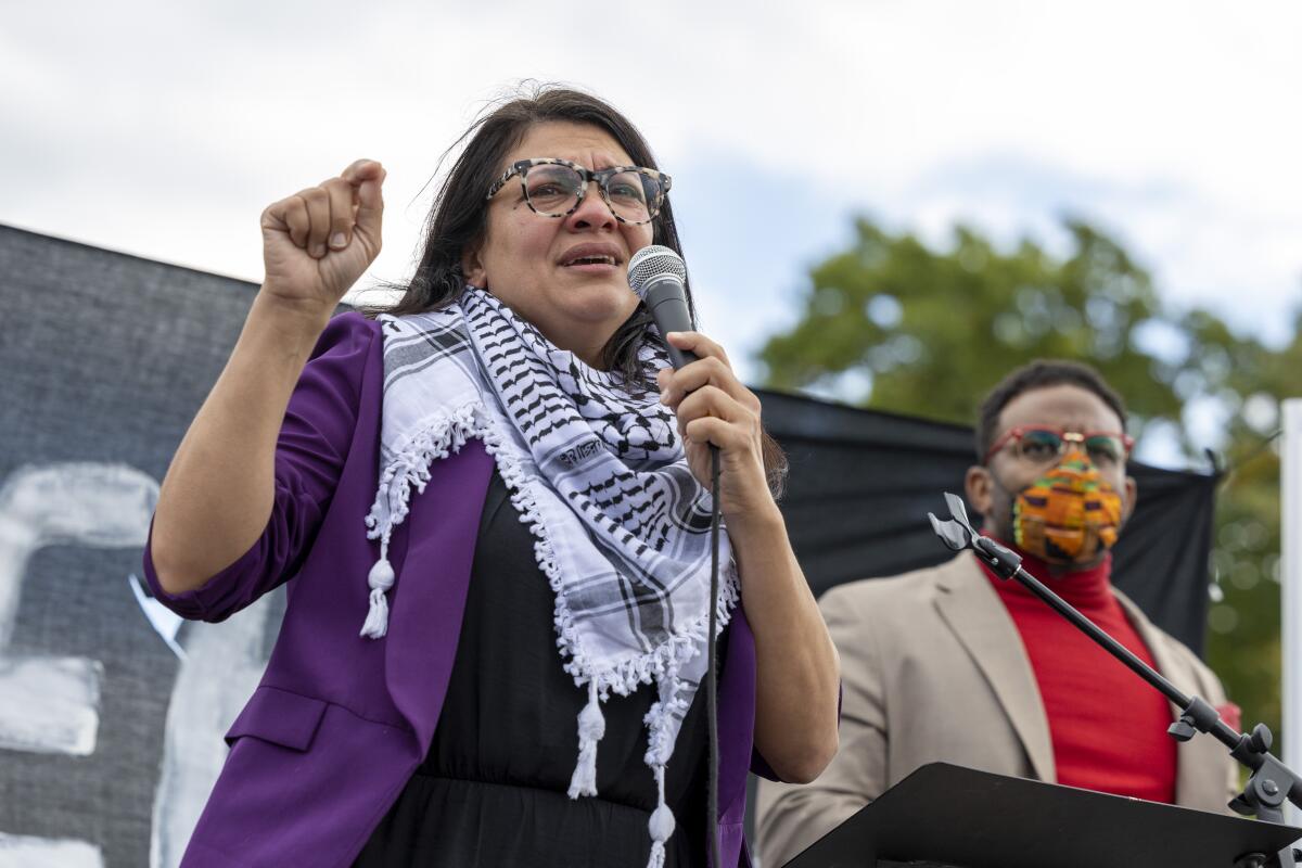 Rep. Rashida Tlaib (D-Mich.) speaks during a demonstration calling for a cease-fire in Gaza.
