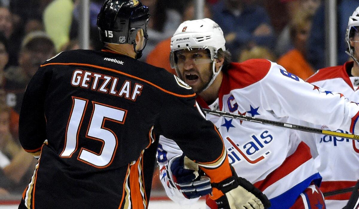 Ducks center Ryan Getzlaf and Capitals left wing Alex Ovechkin tussle during a game last season in Anaheim.