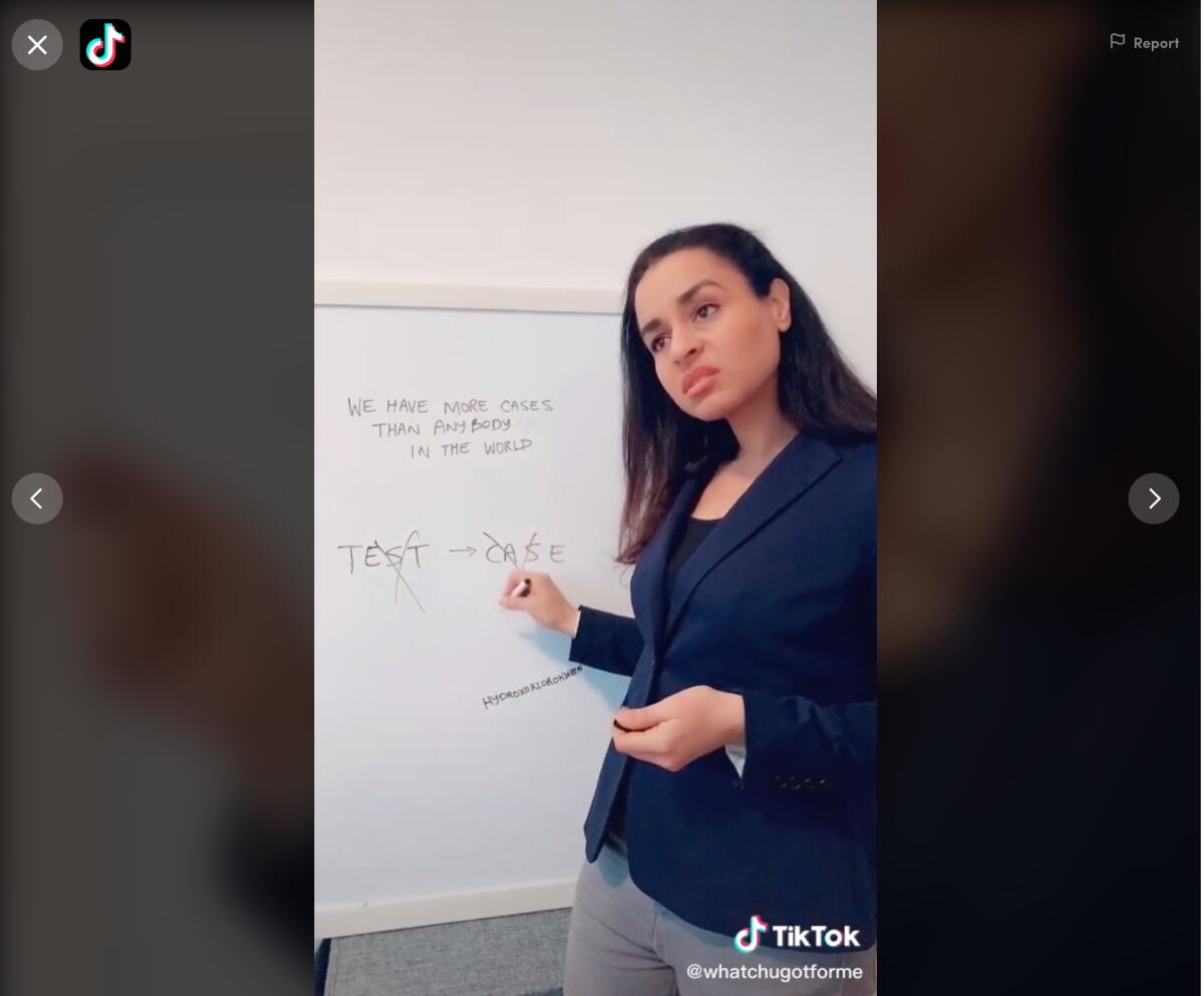 Sarah Cooper performs her impersonation of President Donald J. Trump in a video posted to her TikTok account whatchugotforme. 
