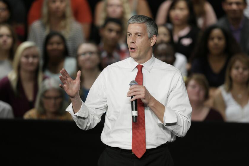 Education Secretary Arne Duncan speaks during a town hall meeting on Sept. 14 at North High School in Des Moines.