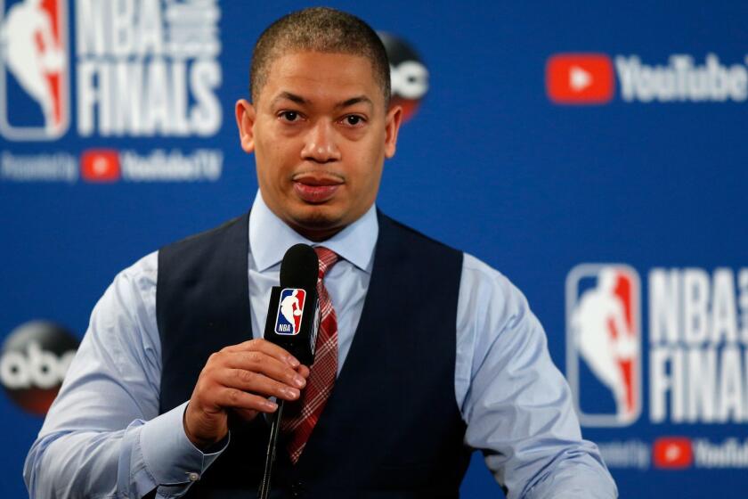 OAKLAND, CA - MAY 31: Tyronn Lue of the Cleveland Cavaliers addresses the media before in Game 1 of the 2018 NBA Finals against the Golden State Warriors at ORACLE Arena on May 31, 2018 in Oakland, California. NOTE TO USER: User expressly acknowledges and agrees that, by downloading and or using this photograph, User is consenting to the terms and conditions of the Getty Images License Agreement. (Photo by Lachlan Cunningham/Getty Images) ** OUTS - ELSENT, FPG, CM - OUTS * NM, PH, VA if sourced by CT, LA or MoD **