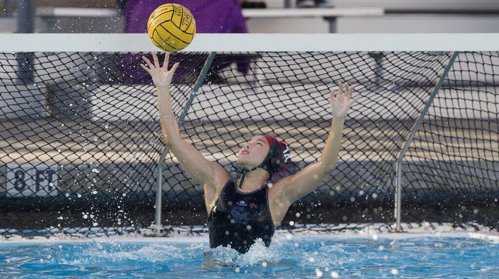 Costa Mesa High goalie Michelle Vu blocks a shot by Saddleback during the first half in an Orange Coast League game on Wednesday.