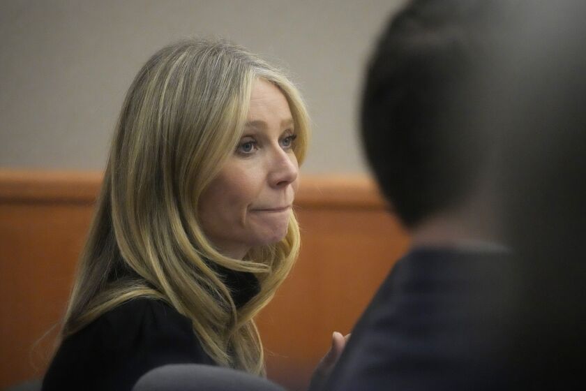 Gwyneth Paltrow sits in court during an objection by her attorney during her trial, Wednesday, March 29, 2023, in Park City, Utah, where she is accused in a lawsuit of crashing into a skier during a 2016 family ski vacation, leaving him with brain damage and four broken ribs. (AP Photo/Rick Bowmer)