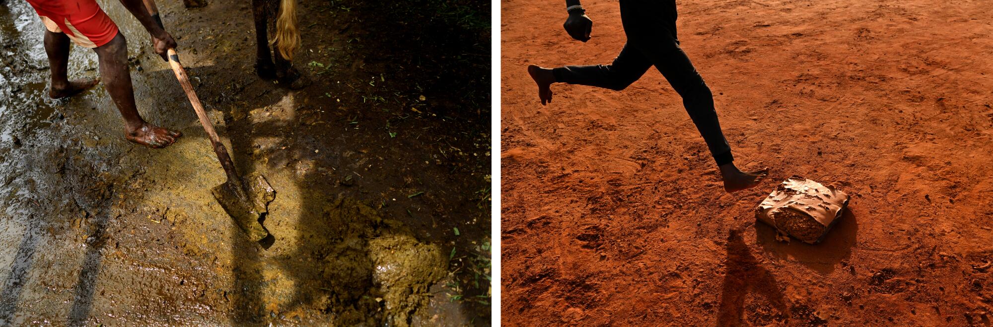 A diptych of barefoot person holding a broken shovel, left, and a baseball player running the bases barefoot 