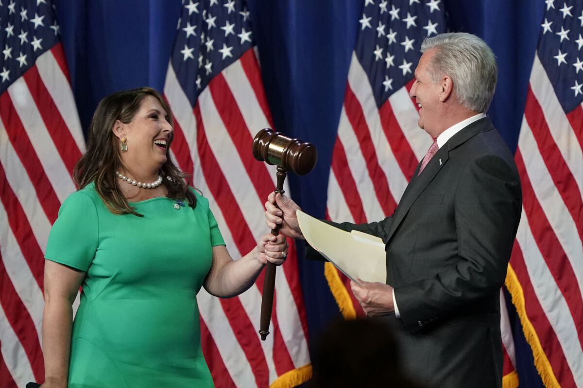 RNC Chairwoman Ronna McDaniel hands the gavel to House Minority Leader Kevin McCarthy.