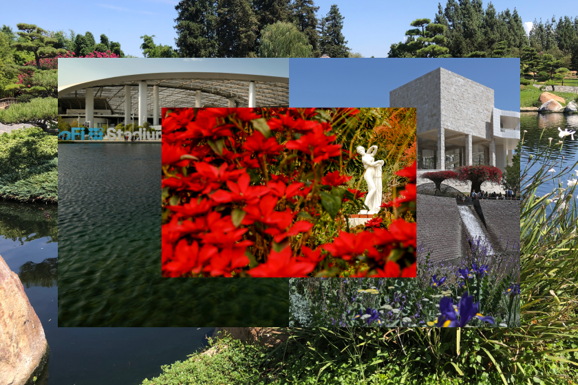 Four photos layered: SuihoEn Japanese Garden, the lake at SoFi Stadium, the Getty garden, flowers and statue at Dodger Stadium