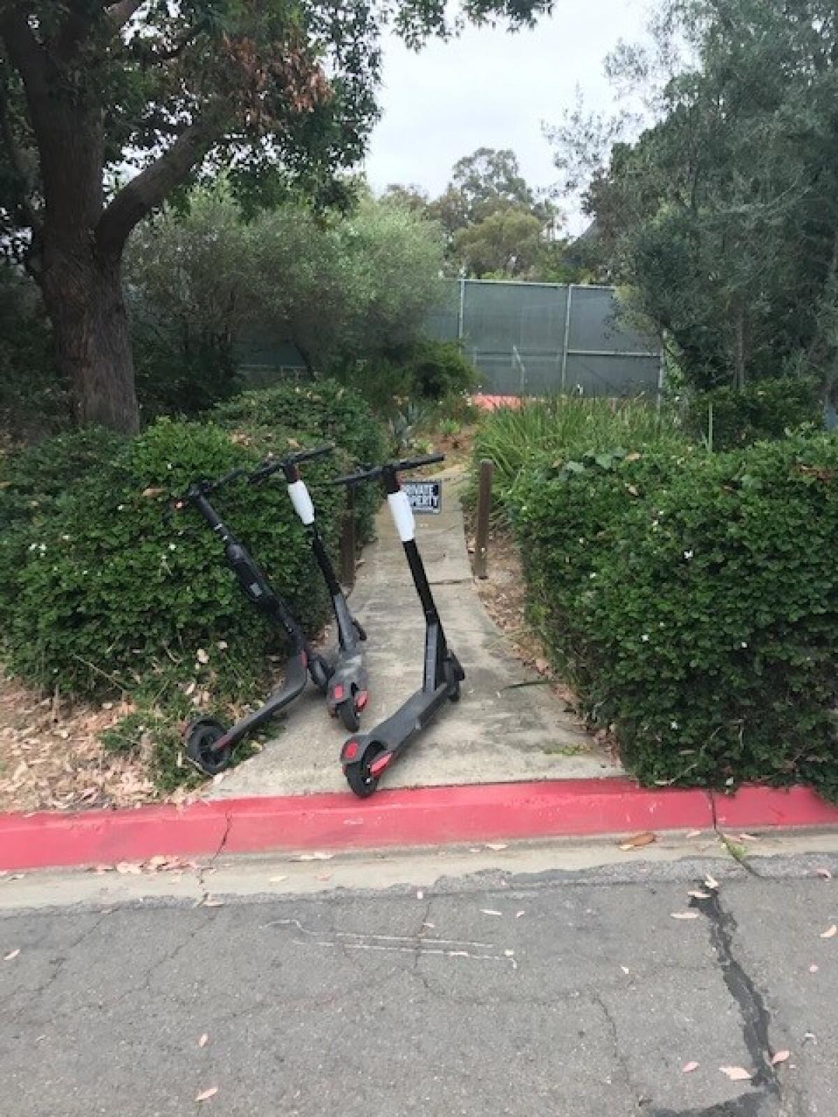 Scooters are left a few feet from a La Jolla resident's "private property" sign.