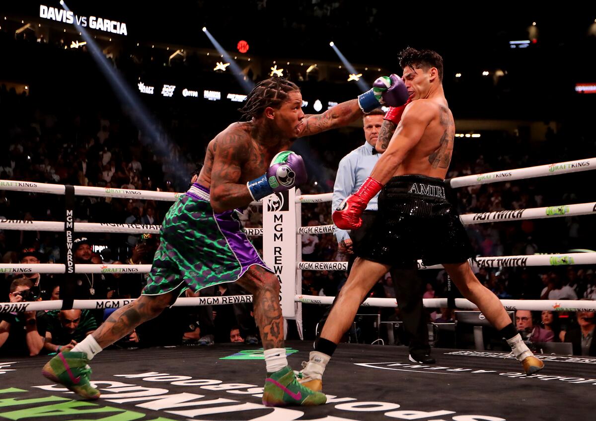 Gervonta Davis throws a straight left into the face of Ryan Garcia during their prizefight in Las Vegas
