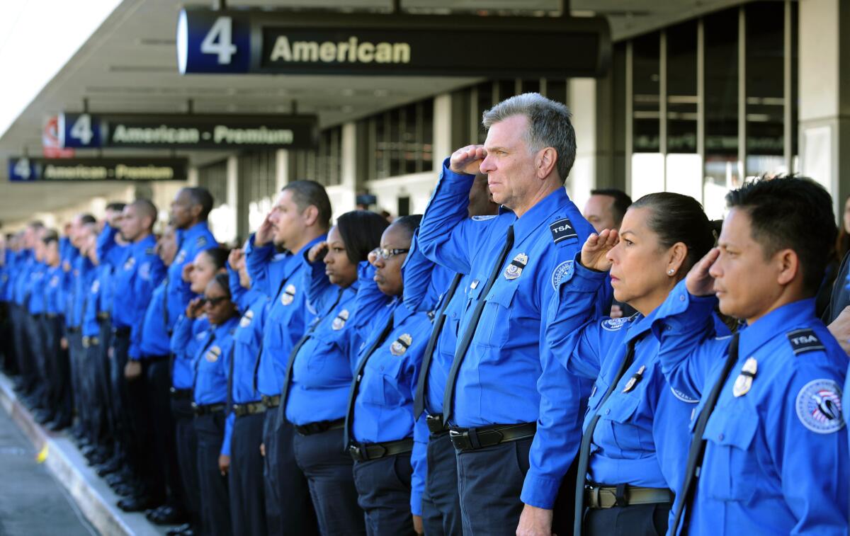 A long line of Transportation Security Administration personnel salute the U.S. Honor Flag procession as it leaves Los Angeles International Airport in memory of TSA agent Gerardo Hernandez, killed by a rampaging gunman last week.