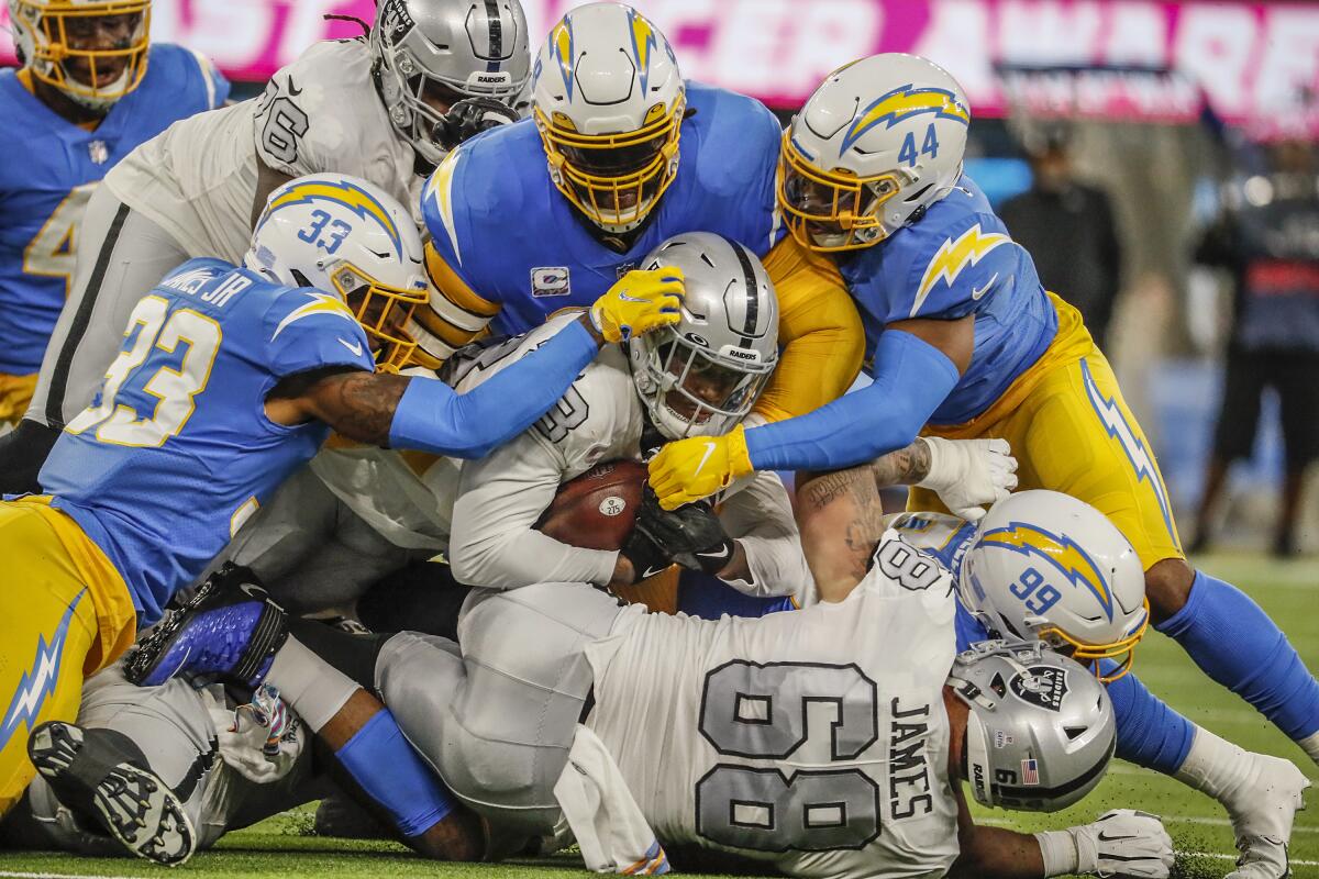 No one blocks Las Vegas Raiders defensive tackle Darius Philon on crushing  sack of Los Angeles Chargers quarterback Justin Herbert