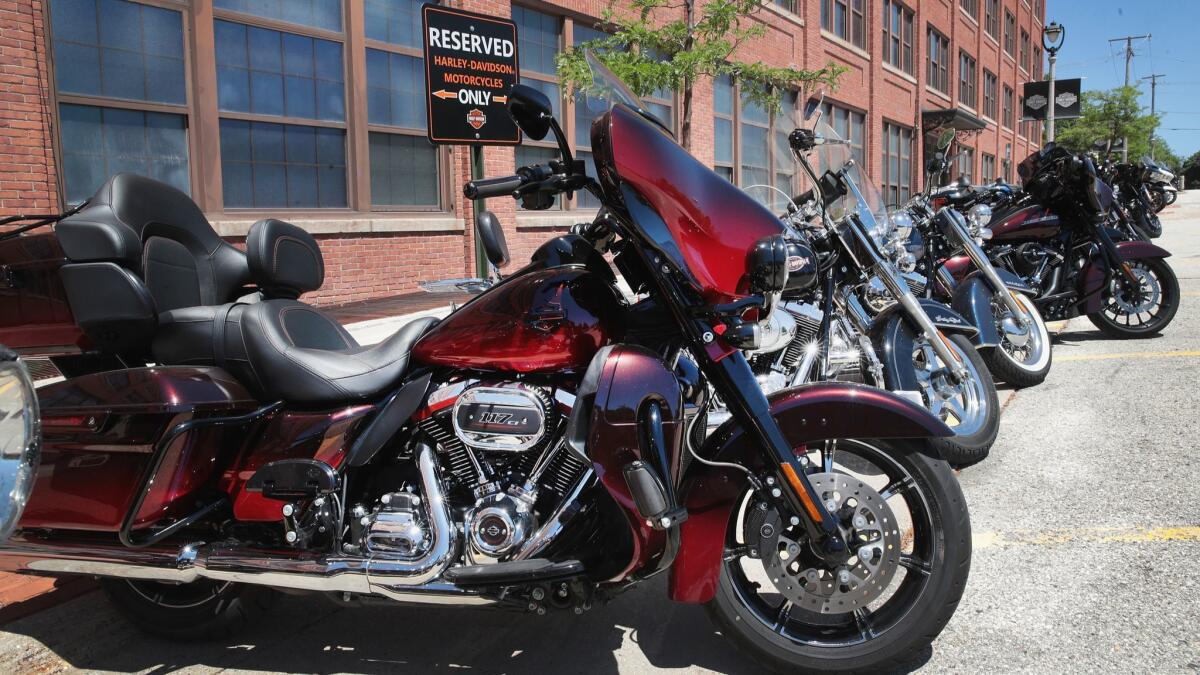 Employees' motorcycles are parked outside Harley-Davidson's headquarters in Milwaukee.
