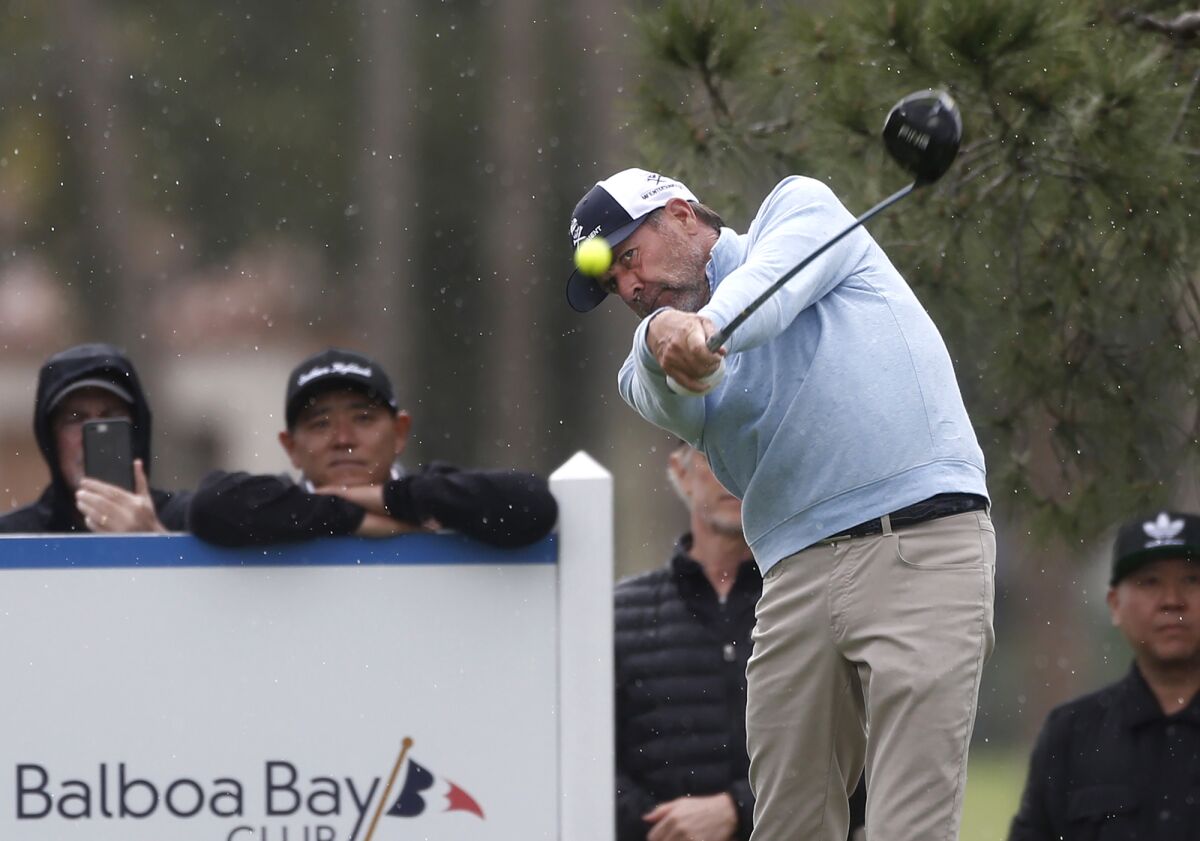 Second-place finisher Doug Barron hits a drive on the 11th hole during the final round of the Hoag Classic on Sunday.