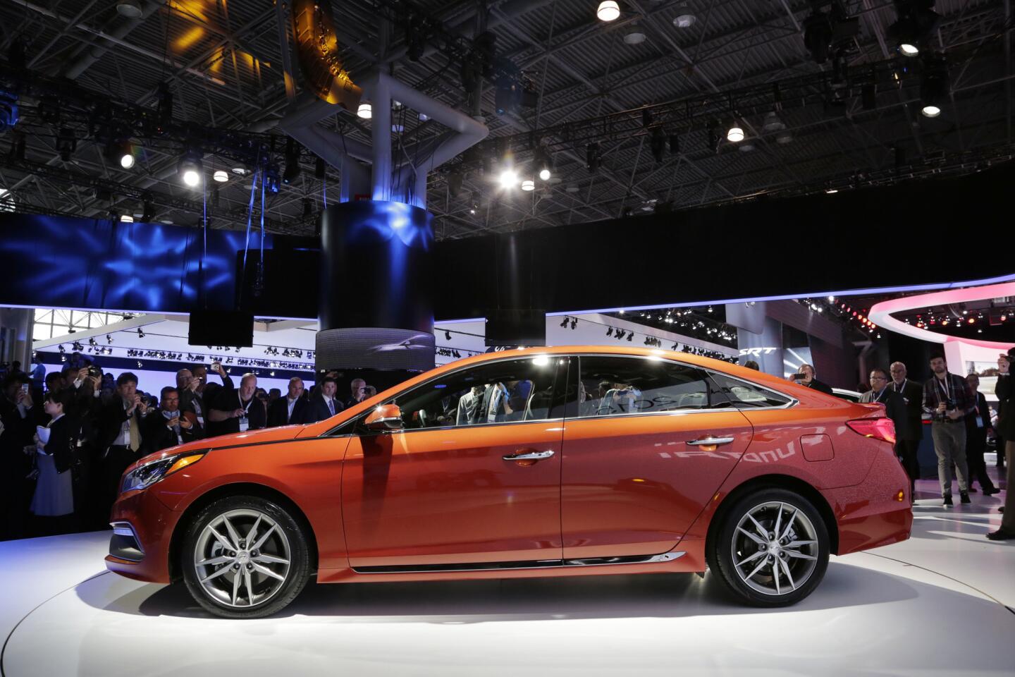 The 2015 Hyundai Sonata is introduced at the New York International Auto Show.