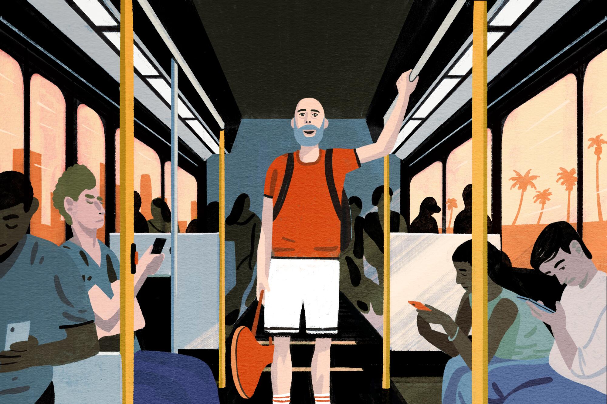 illustration showing the author riding the bus and holding a tennis racket in a case