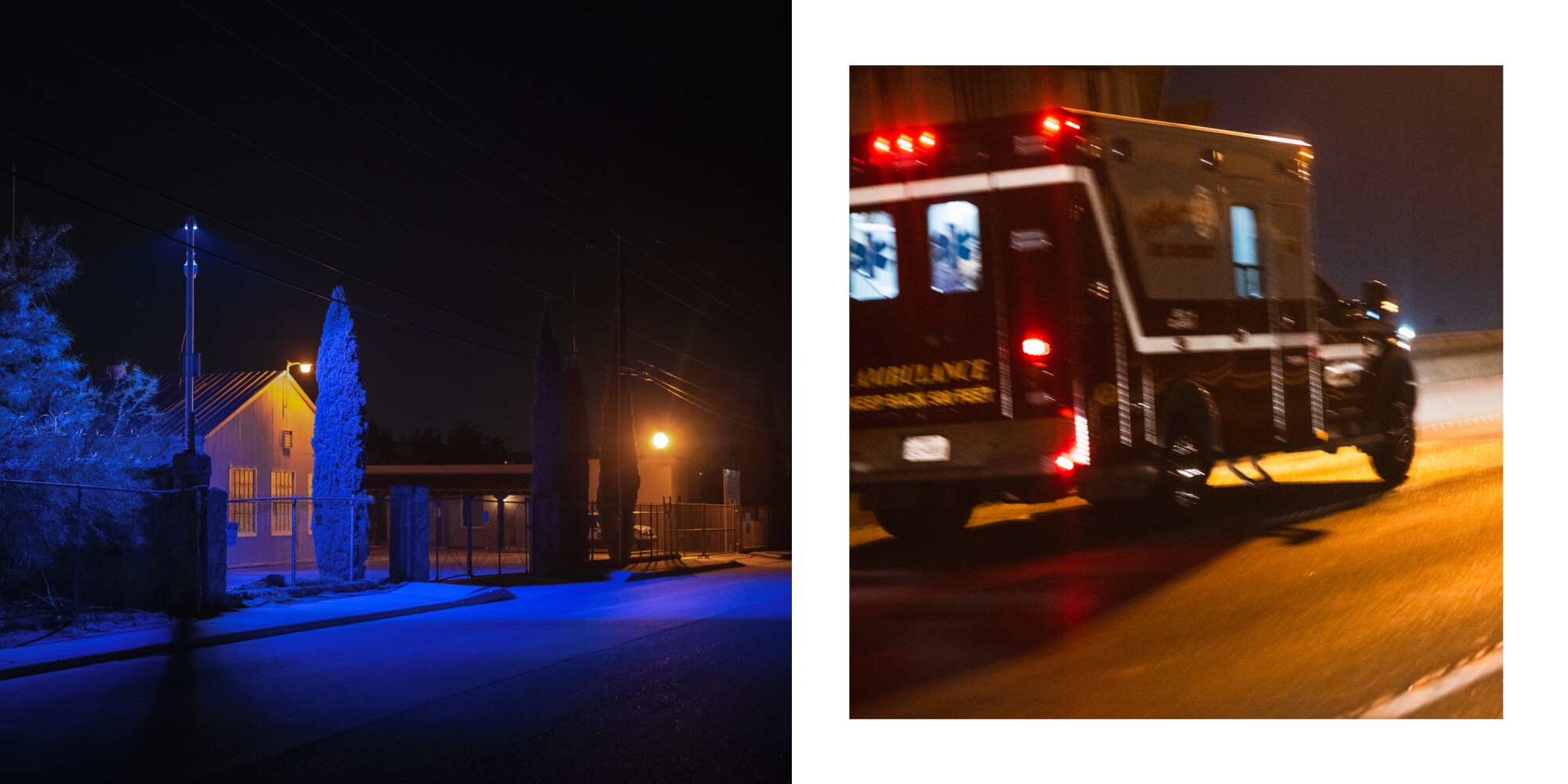 Left: An empty road in El Paso. Right: An ambulance drives into El Paso on Highway 54.