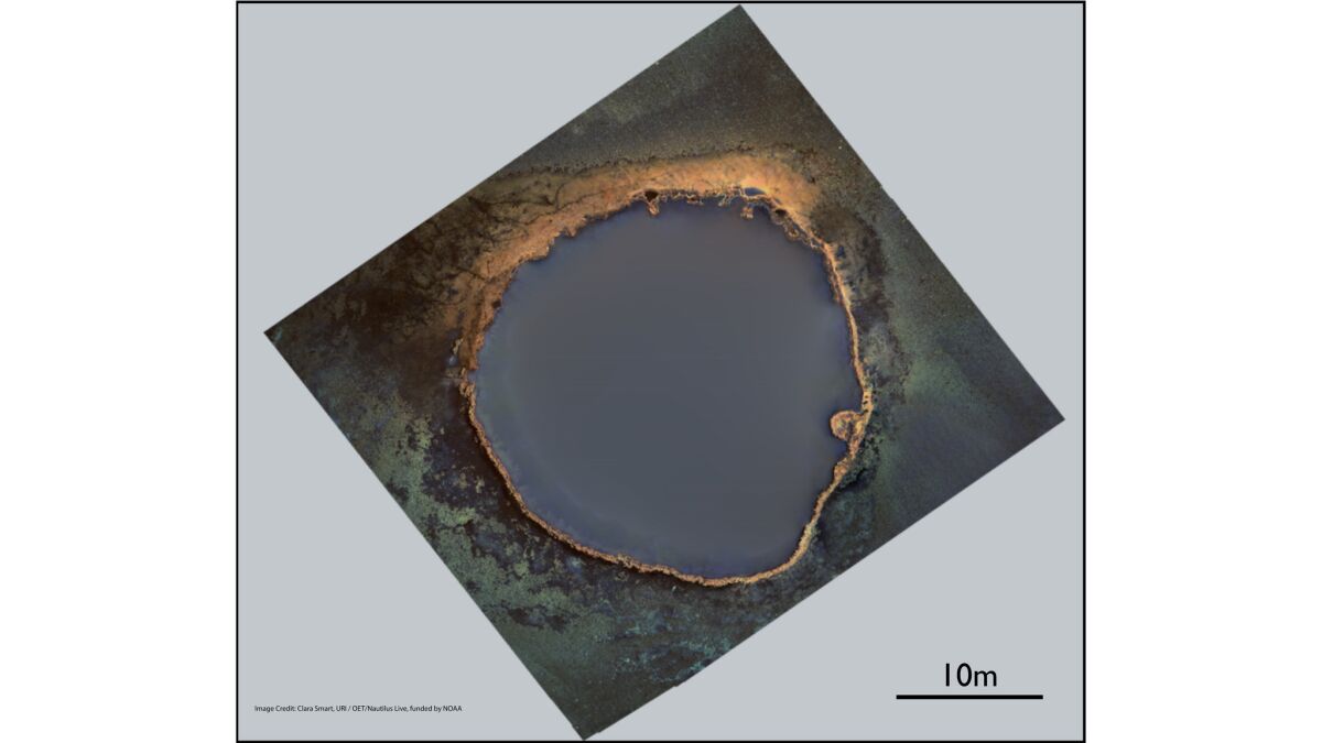 A photo mosaic of the brine pool. The underwater lake rises 12 feet above the ocean floor and is 100 feet in circumference.