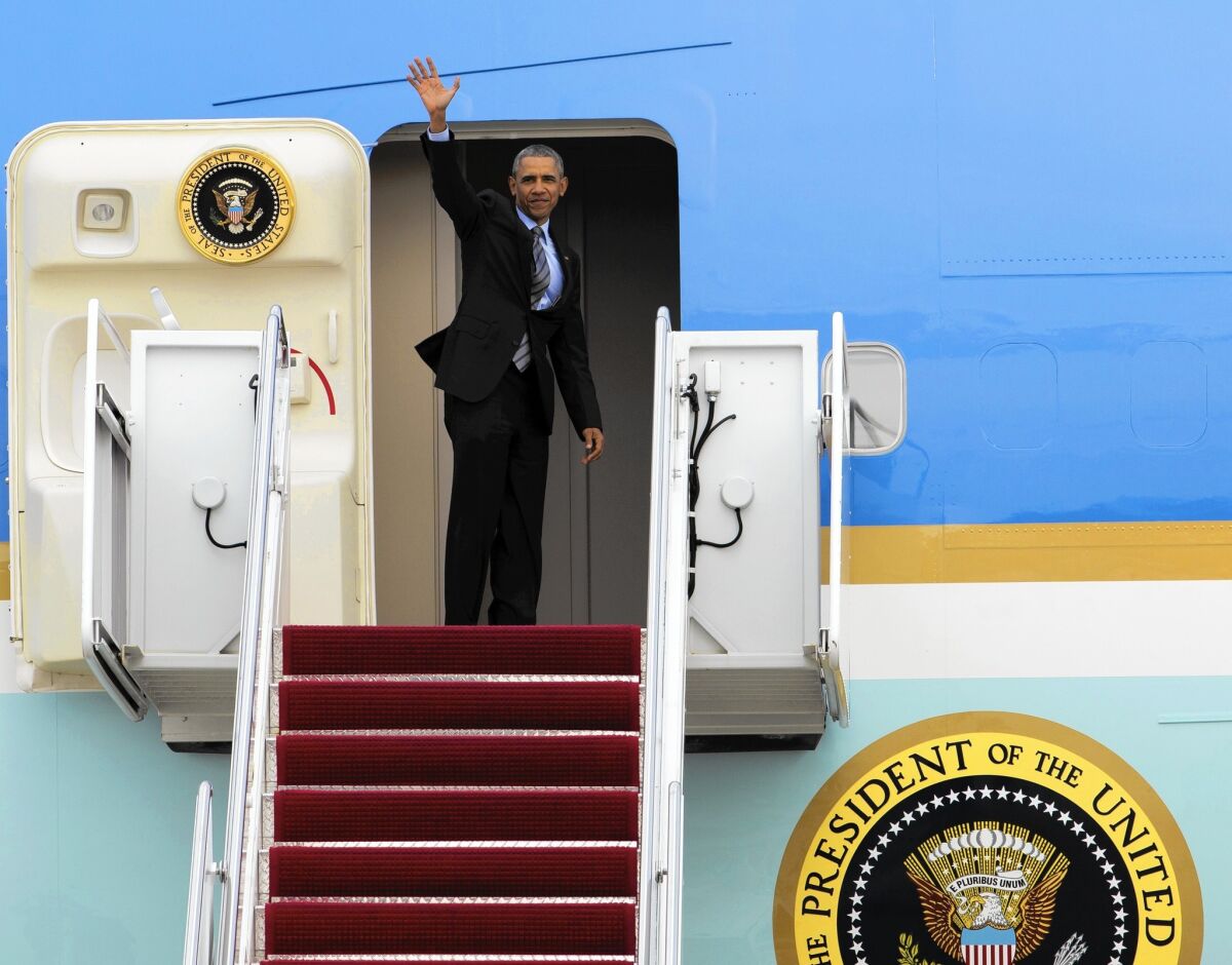 President Obama leaves Andrews Air Force Base, Md., on April 19 for his trip to Riyadh, Saudi Arabia.