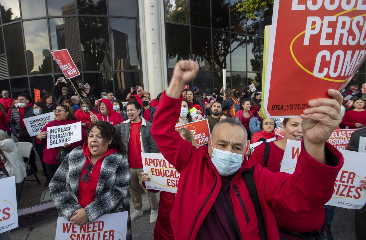 UTLA members, students, parents and community leaders rally in front of LAUSD headquarters