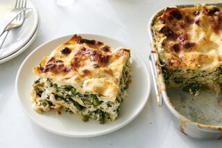 White lasagna, layered with asparagus, spinach, peas and lemony ricotta.