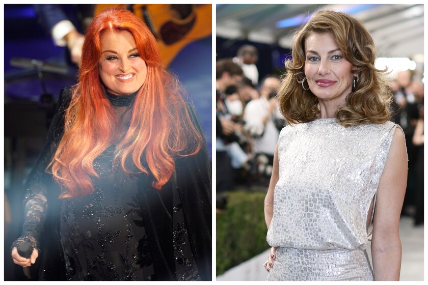 Separate pictures of two smiling female country music singers