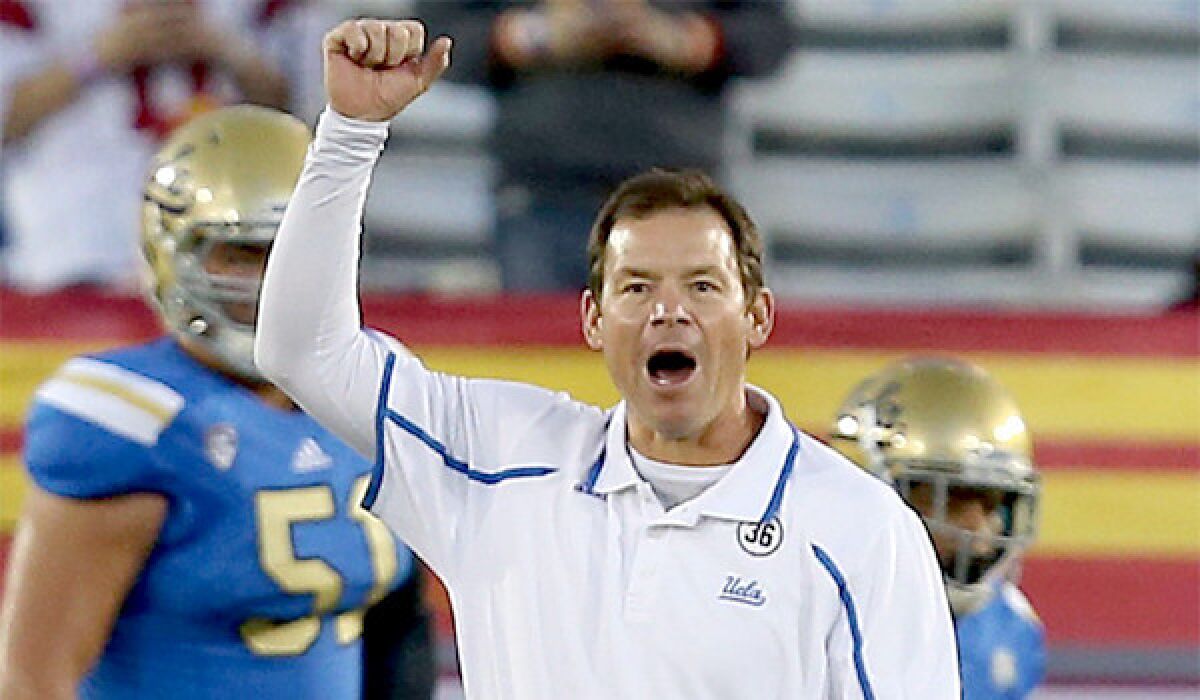 Jim Mora has announced that he will remain the coach of the UCLA Bruins despite the opening at his alma mater, Washington, that was created by USC's hiring of Coach Steve Sarkisian.