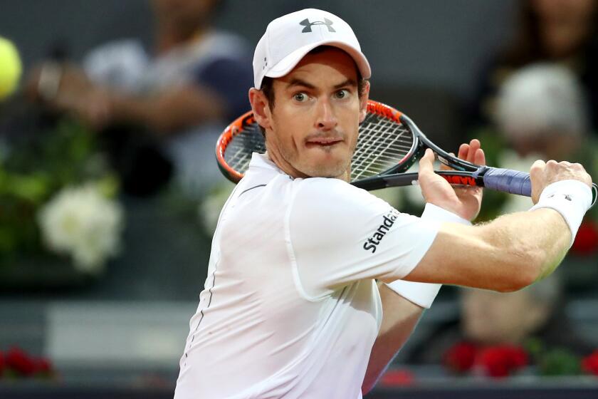 MADRID, SPAIN - MAY 11: Andy Murray of Great Britain in action against Borna Coric of Croatia during day six of the Mutua Madrid Open tennis at La Caja Magica on May 11, 2017 in Madrid, Spain. (Photo by Julian Finney/Getty Images) ** OUTS - ELSENT, FPG, CM - OUTS * NM, PH, VA if sourced by CT, LA or MoD **