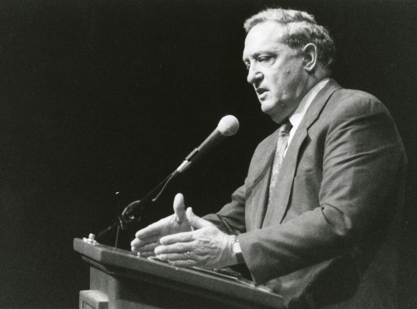 SDSU president Thomas B. Day addresses the non-teaching staff in 1993.