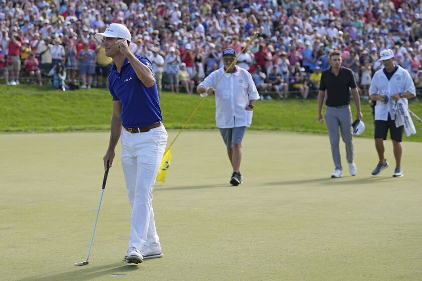 Billy Horschel celebrates on the 18th green after winning the Memorial on Sunday, June 5, 2022, in Dublin, Ohio.