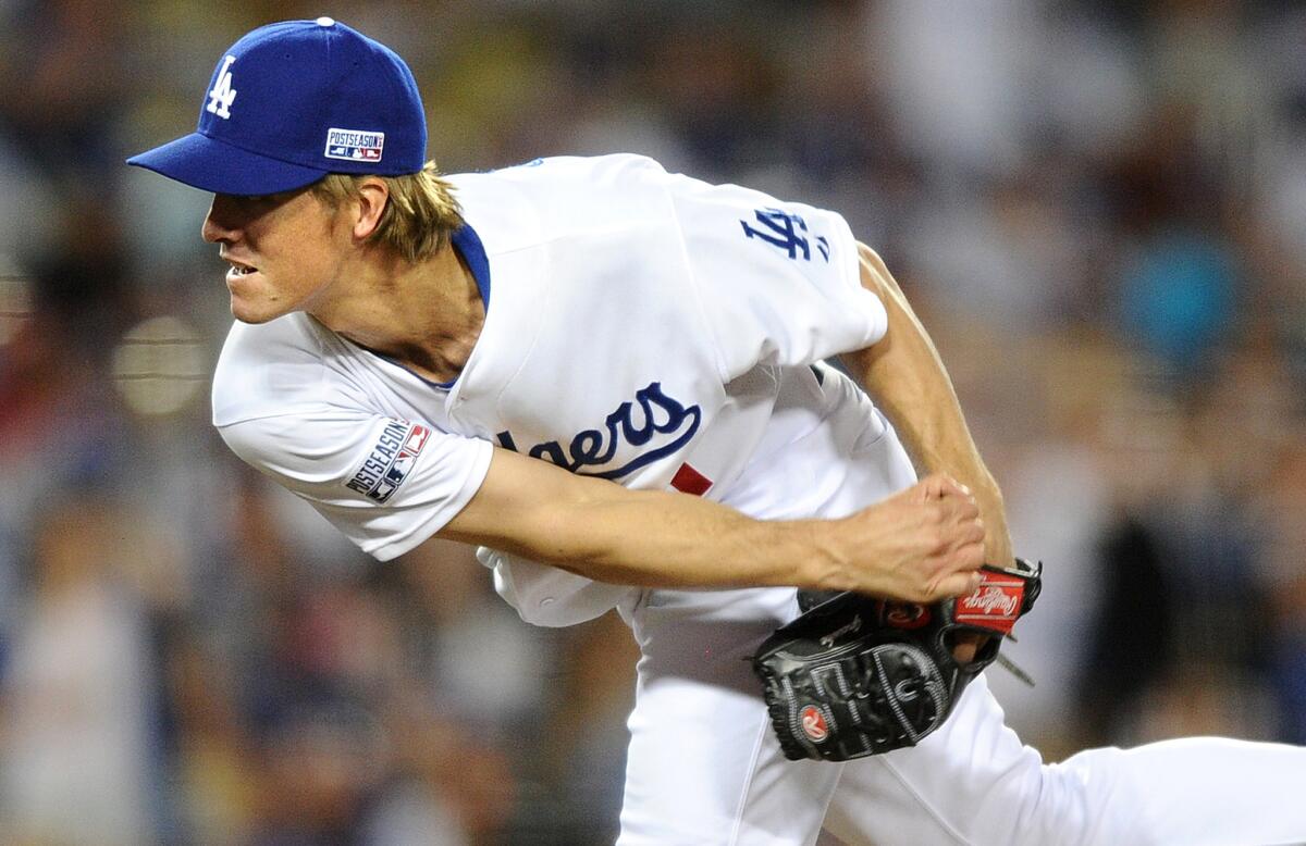 Dodgers' Zack Greinke pitches against the St. Louis Cardinals in Game 2 of the NLDS back in October.