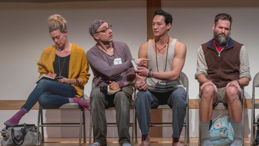 Scene from "Small Mouth Sounds": Brenna Palughi, left, Ben Beckley, Edward Chin-Lyn and Connor Barrett at the Broad Stage.