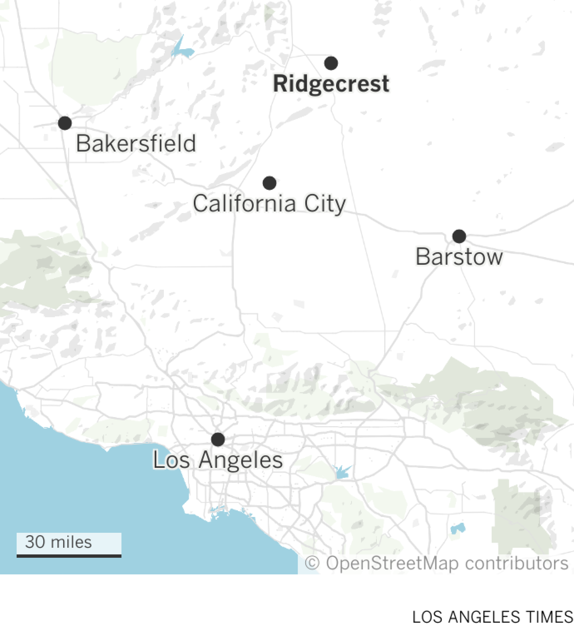 Map showing the location of Ridgecrest and California City in the desert north of Los Angeles.