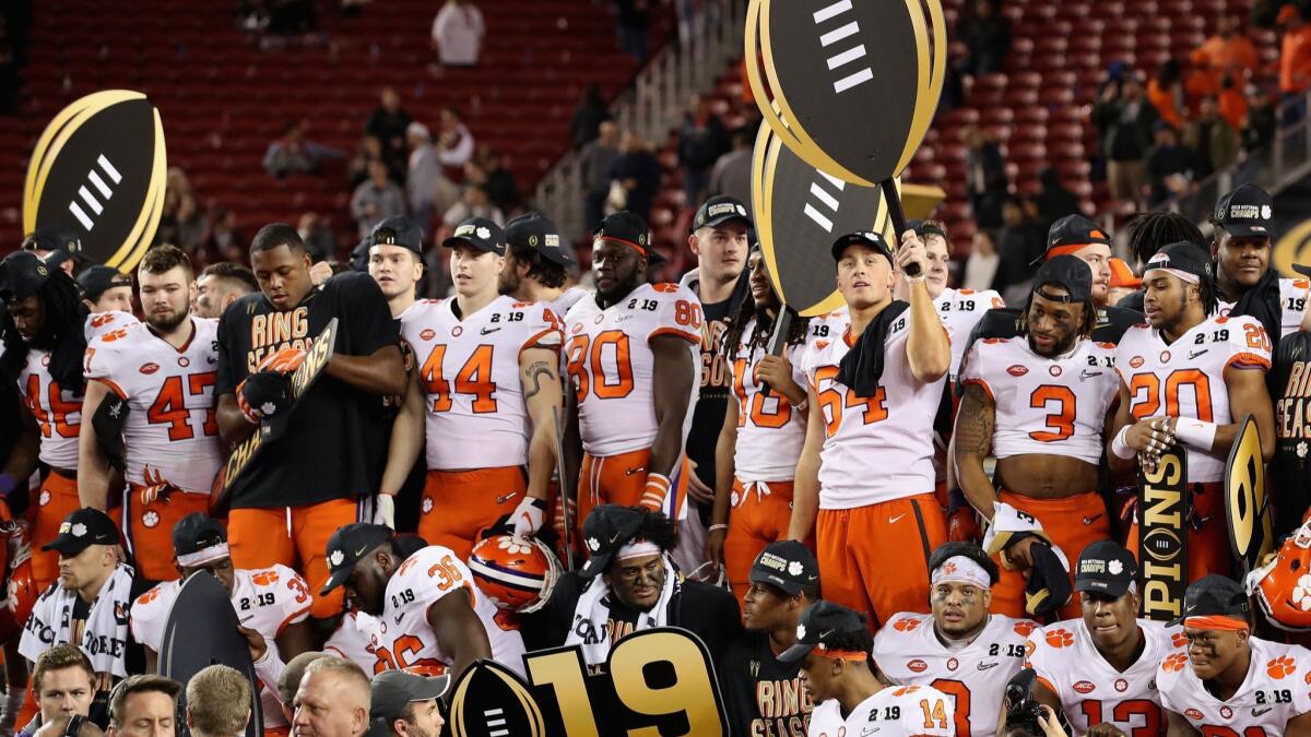 The Clemson Tigers celebrate their 44-16 win over the Alabama Crimson Tide in the CFP National Championship at Levi's Stadium on Monday in Santa Clara.