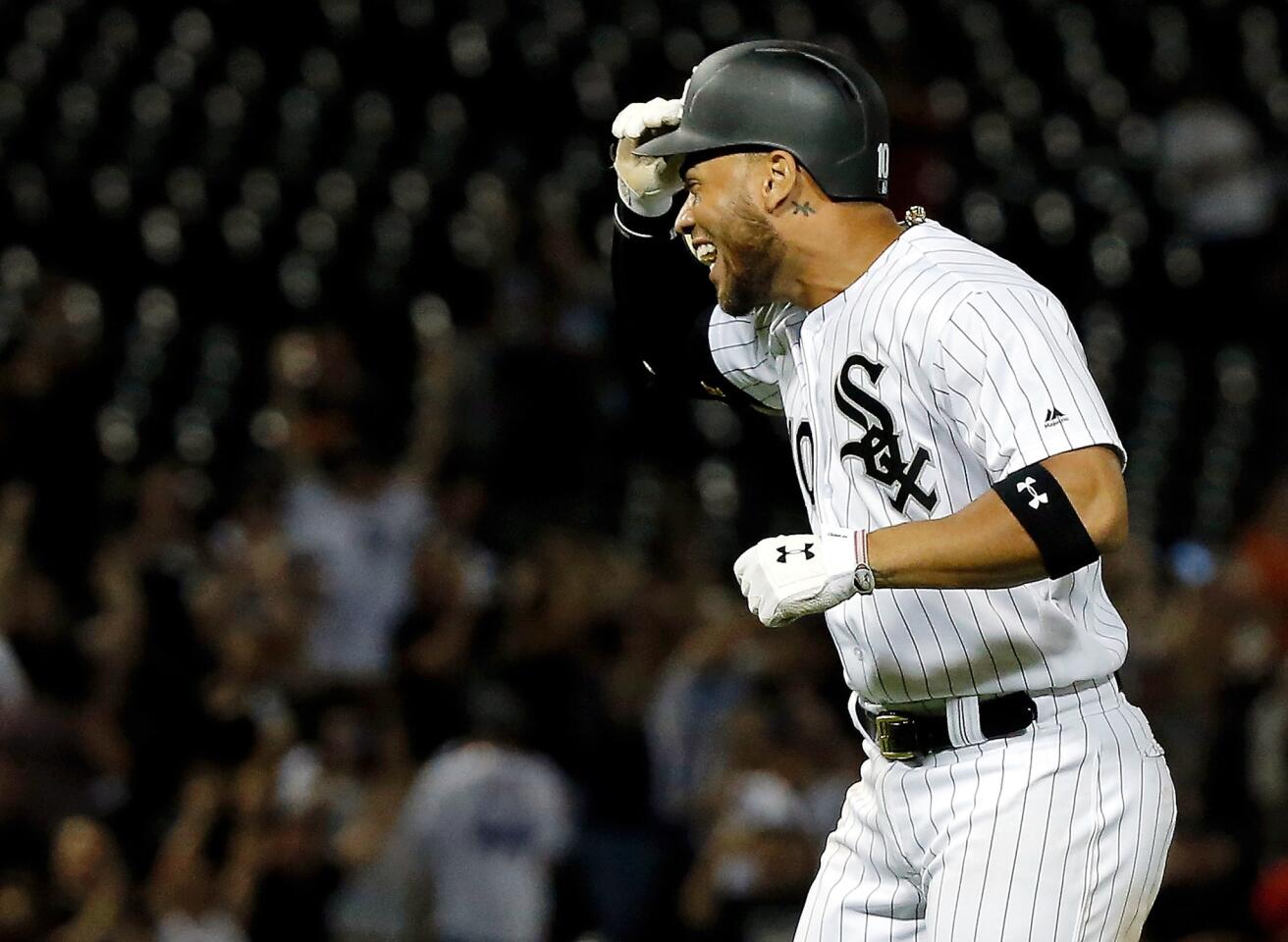 Yoan Moncada reacts after hitting a walkoff RBI single against the Astros during the eleventh inning at Guaranteed Rate Field on Aug. 10, 2017.