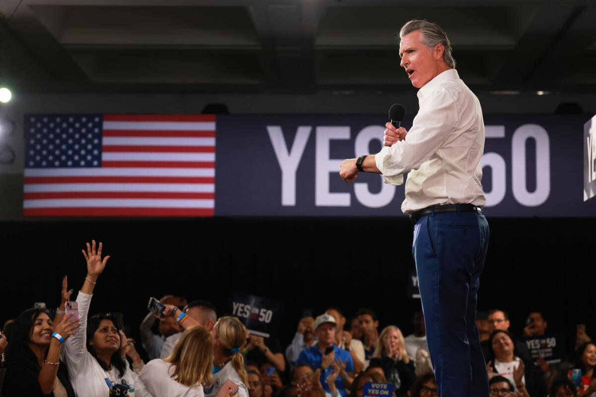 California Gov. Gavin Newsom speaks during a campaign event for Proposition 50.