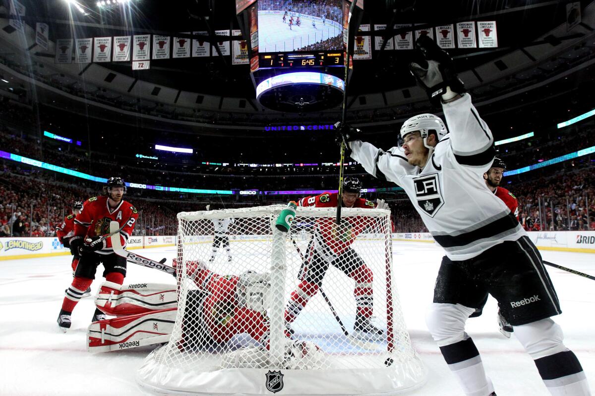 Dustin Brown celebrates Kings teammate Marian Gaborik's goal against Chicago in Game 5 of the Western Conference finals on Wednesday. Game 6 is Friday night in Los Angeles.