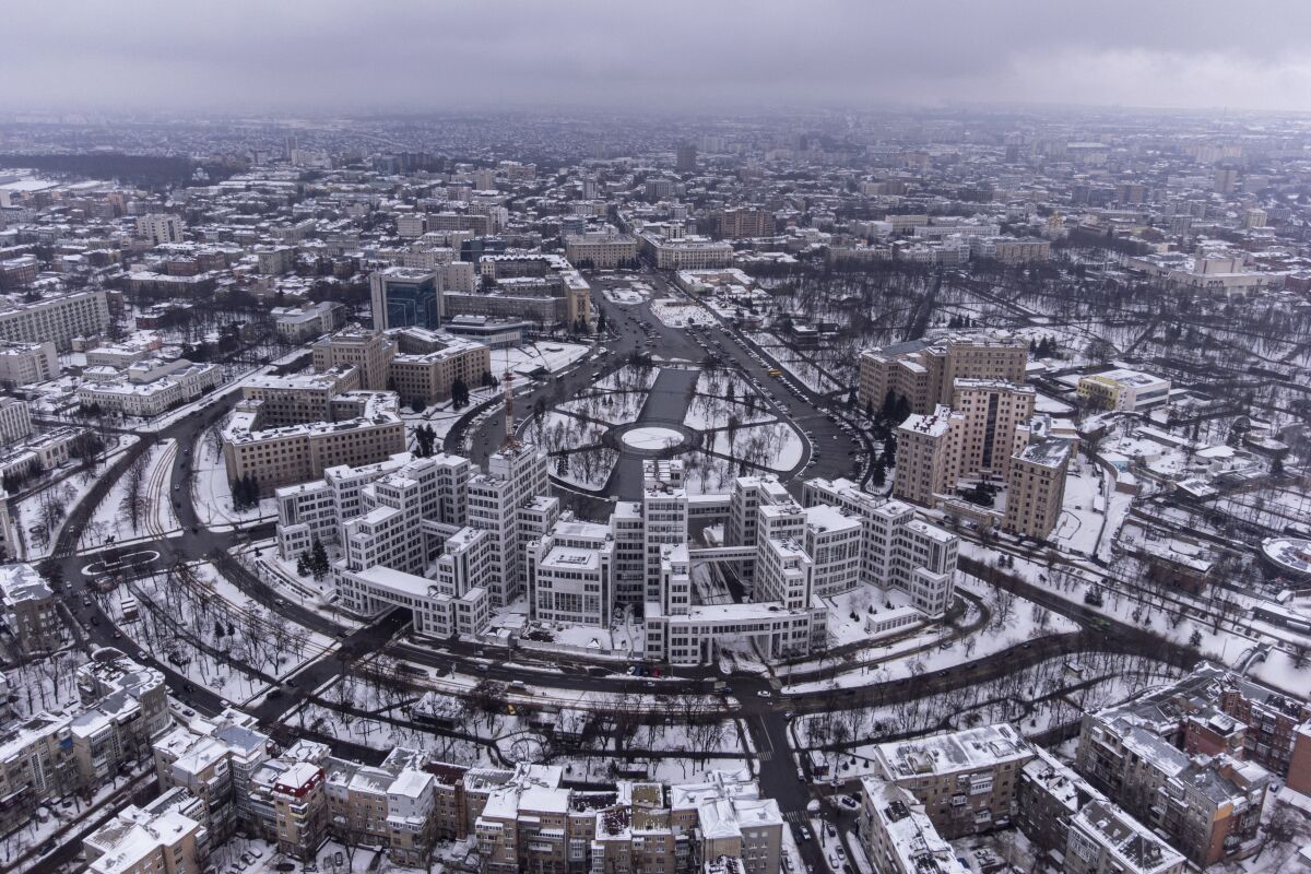 An aerial view on the center of Kharkiv, Ukraine's second-largest city, Saturday, Jan. 29, 2022. The situation in Kharkiv, just 40 kilometers (25 miles) from some of the tens of thousands of Russian troops massed at the border of Ukraine, feels particularly perilous. Ukraine's second-largest city is one of its industrial centers and includes two factories that restore old Soviet-era tanks or build new ones. (AP Photo/Evgeniy Maloletka)
