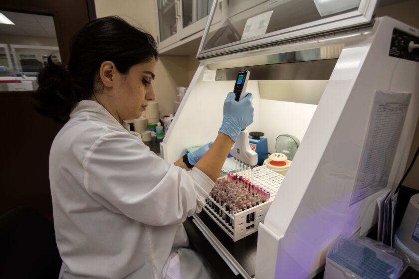 Clinical Lab Scientist Shermin Razmehr extracts samples of donor blood from test tubes