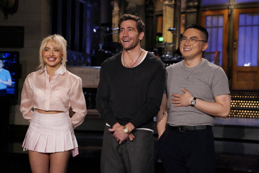 SATURDAY NIGHT LIVE -- Episode 1864 -- Pictured: (l-r) Musical guest Sabrina Carpenter, host Jake Gyllenhaal, and Bowen Yang during Promos in Studio 8H on Thursday, May 16, 2024 -- (Photo by: Rosalind O?Connor/NBC)