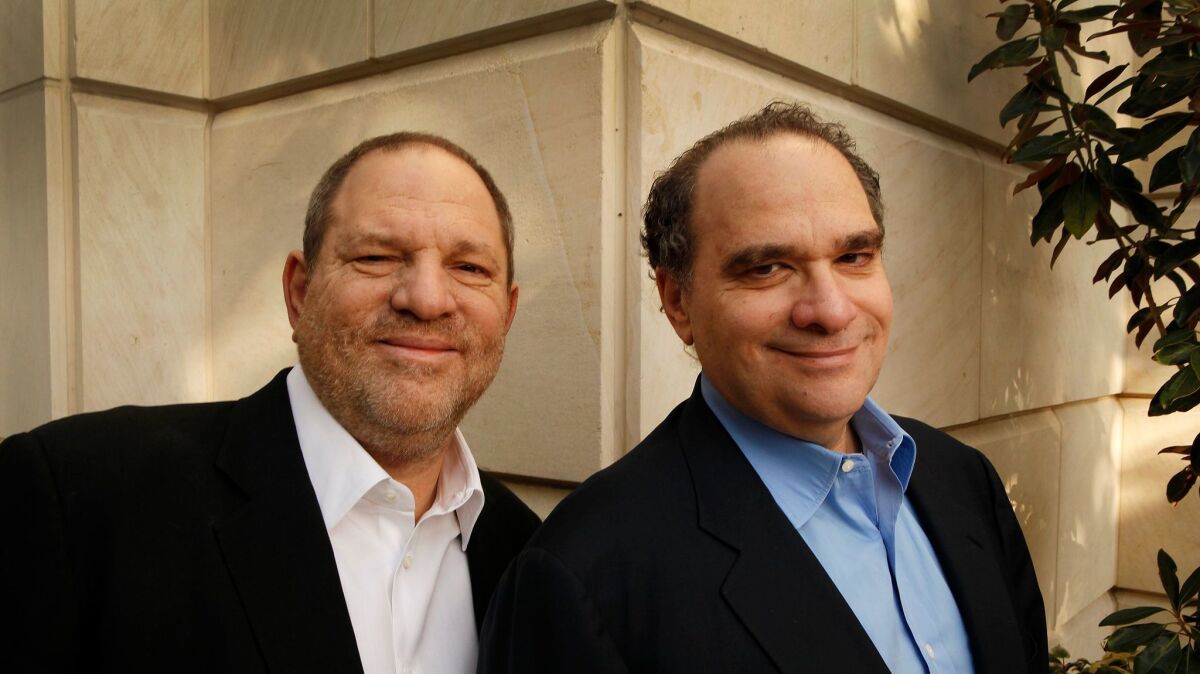 Harvey Weinstein, left, and his brother, Bob Weinstein, shown at the Peninsula Hotel in Beverly Hills in 2012, have a volatile relationship.
