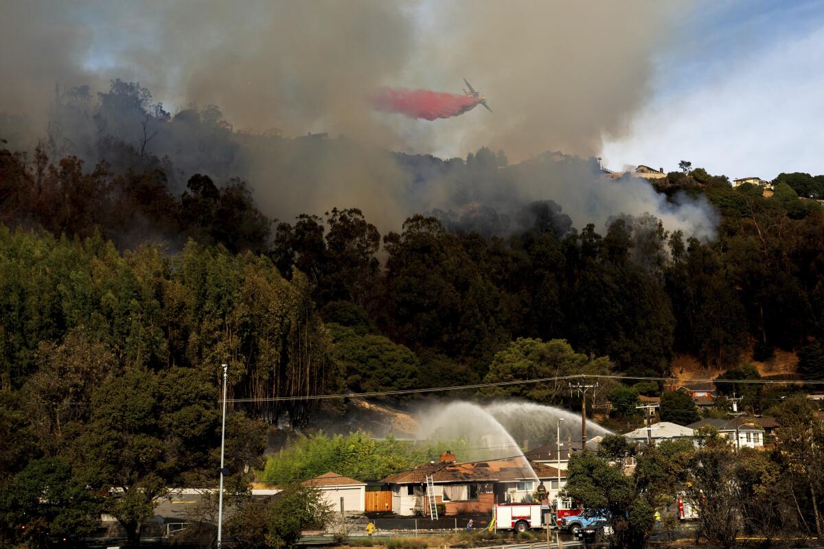 A grass fire burns amid trees while homes below are sprayed with water.