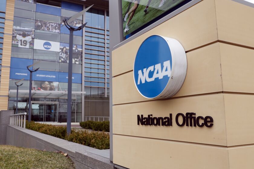 FILE - This March 12, 2020, file photo, shows the national office of the NCAA in Indianapolis.