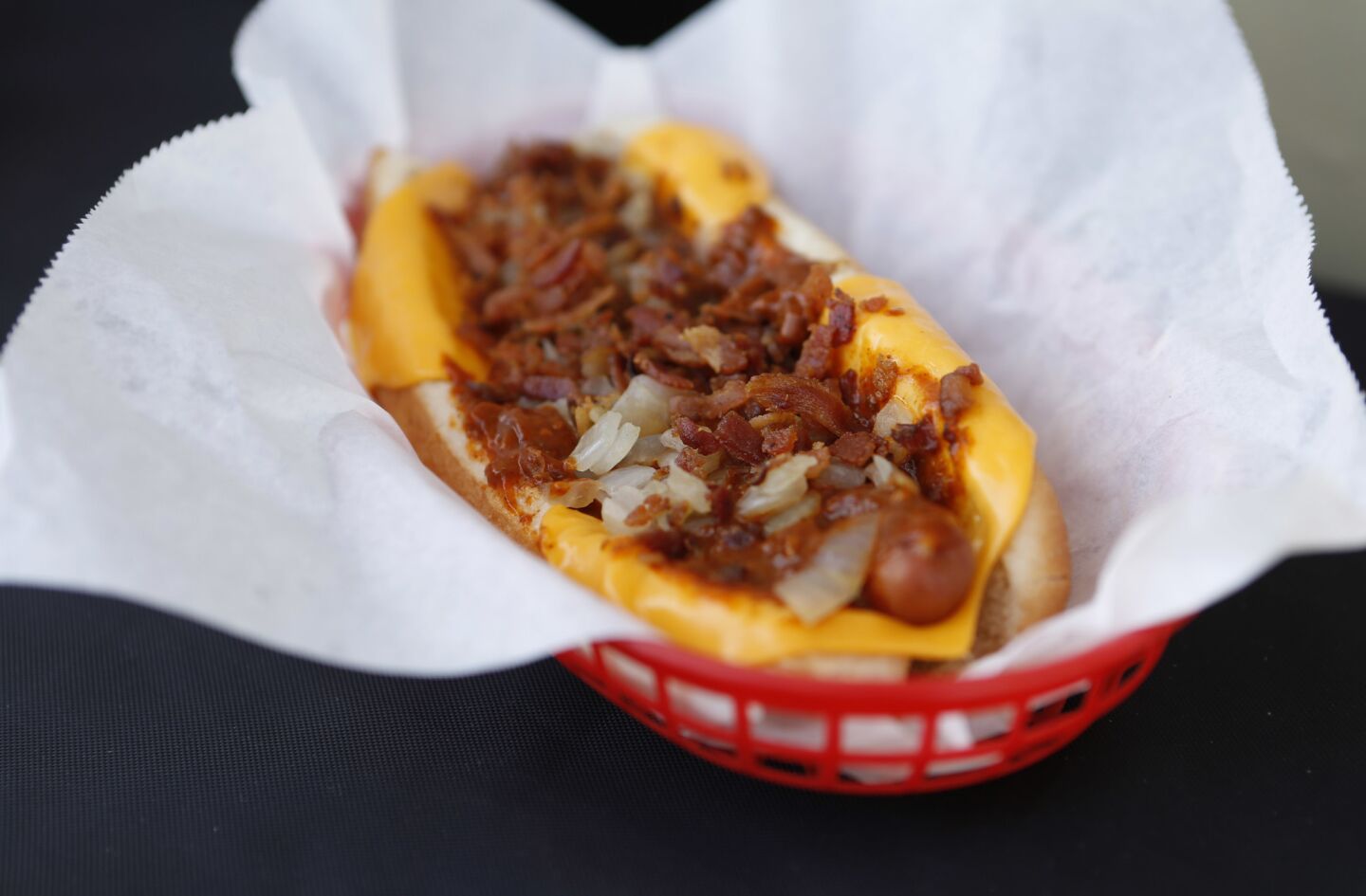 The "Ultimate Chili Dog" hot dog at Tail O' the Pup, a truck specializing in hot dogs.