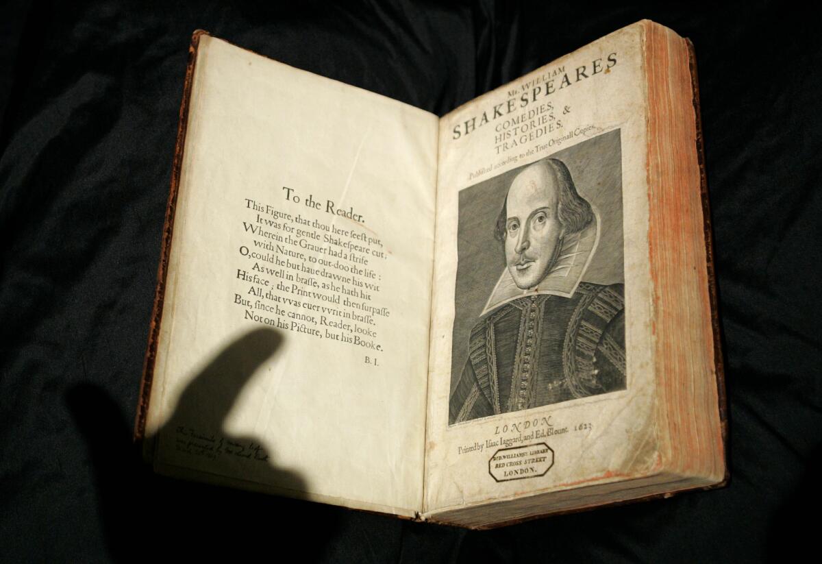 A 17th-century copy of the First Folio edition of William Shakespeare's plays is shown.