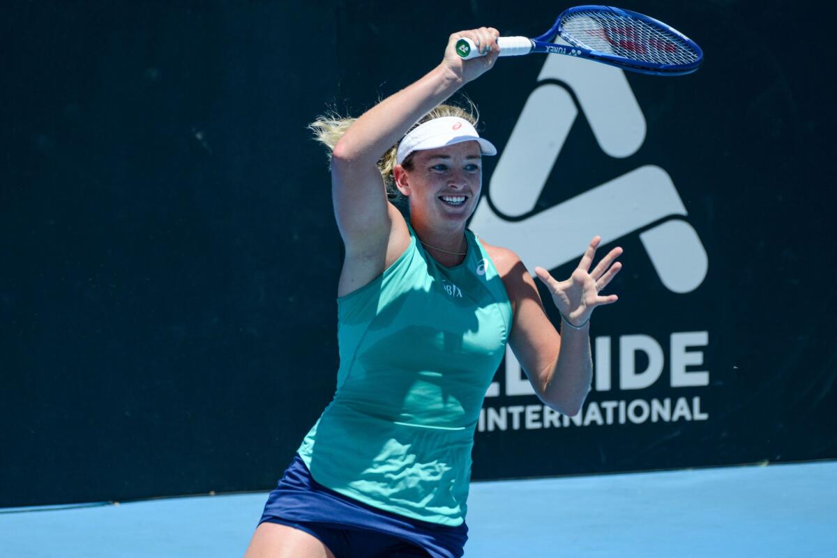 CoCo Vandeweghe hits a return against Bernarda Pera during their first session at the ATP Cup Adelaide International tennis tournament in Adelaide, Australia on Jan.12.