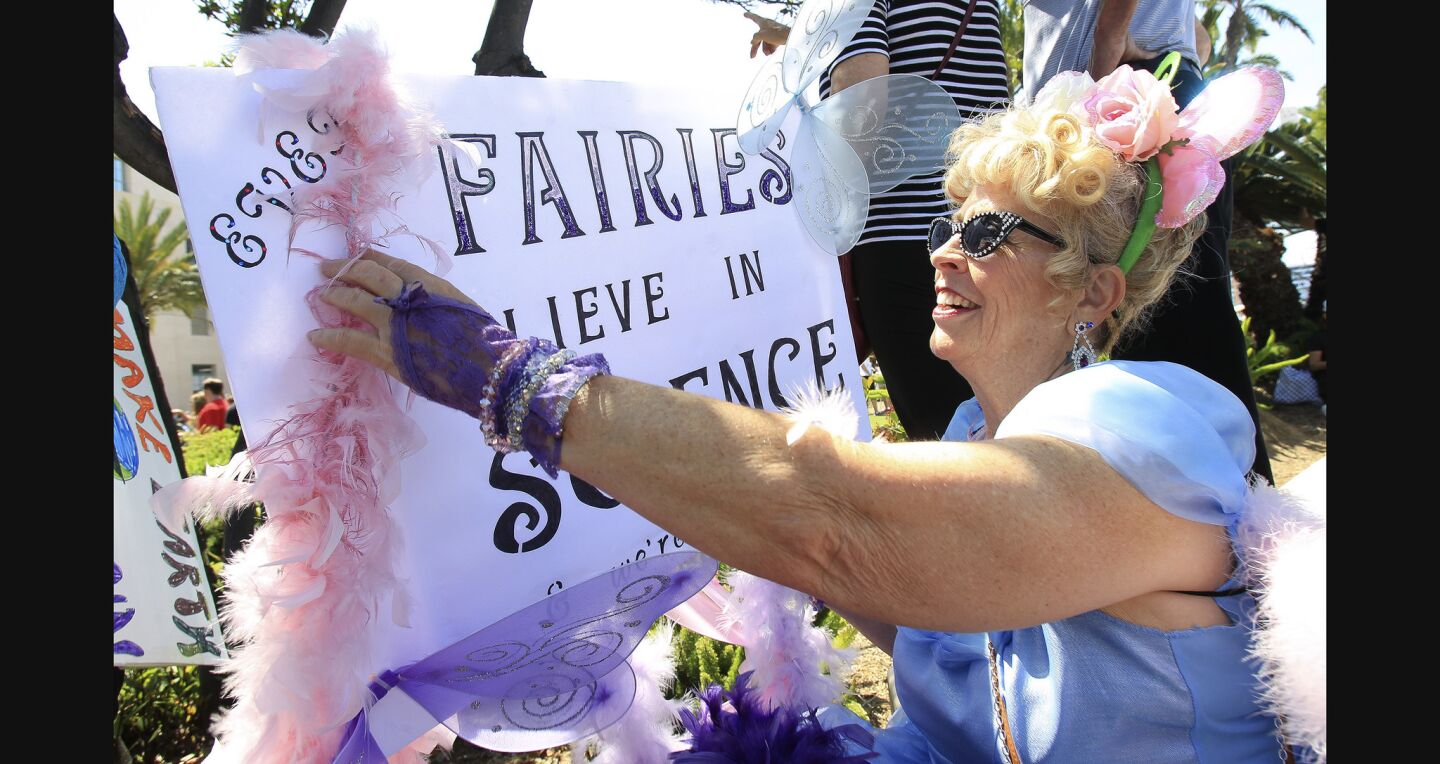 Debbie Boyd of Poway wears a costume with her signs saying "Fairies believe in science".