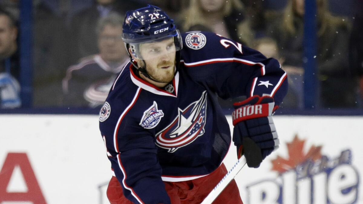 Columbus Blue Jackets defenseman James Wisniewski controls the puck during a game against the Buffalo Sabres on Feb. 24. Wisniewski was traded to the Ducks on Monday.