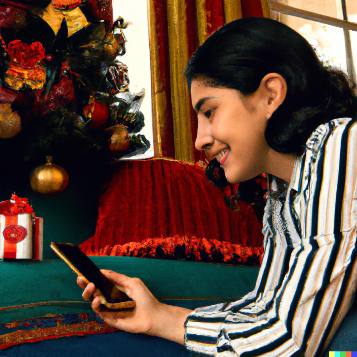 a woman looking at her cellphone in front of a Christmas tree