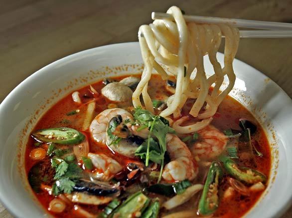 Tom Yum Udon, a popular shrimp dish served at the Thai restaurant Wat Dong Moon Lek Noodle in Los Angeles.