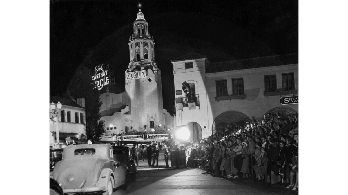 Sept. 9, 1937: Fans gather outside the Carthay Circle Theater for the premiere of "The Life of Emile Zola."