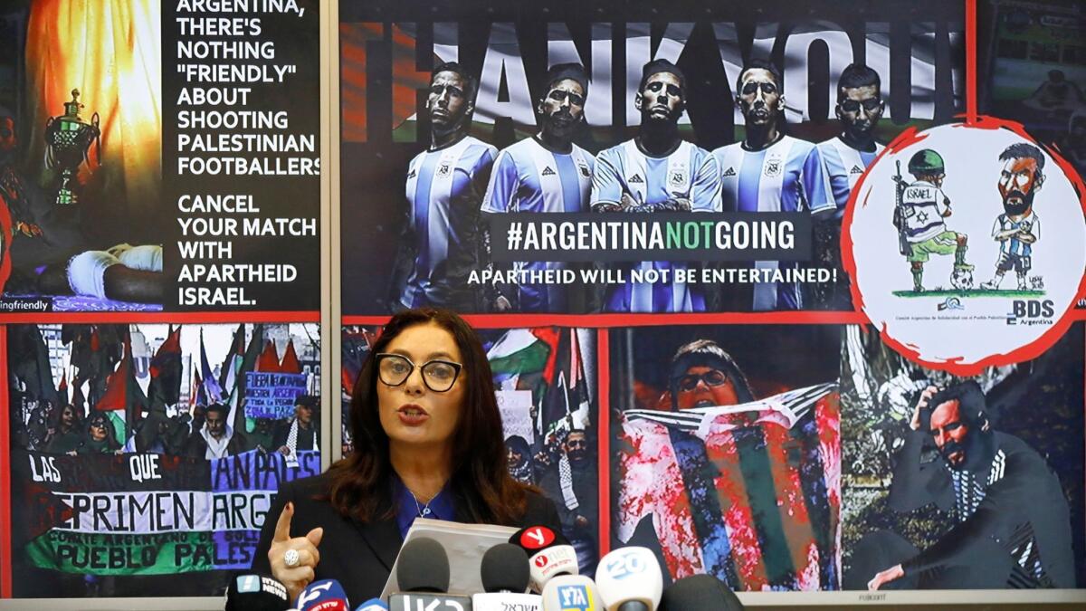 Israeli Minister of Culture and Sport Miri Regev attends a news conference in Tel Aviv on June 6, 2018, on the cancellation of a soccer match between Israel and Argentina.